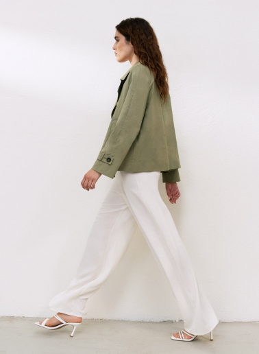 Double breasted military green jacket in technical fabric