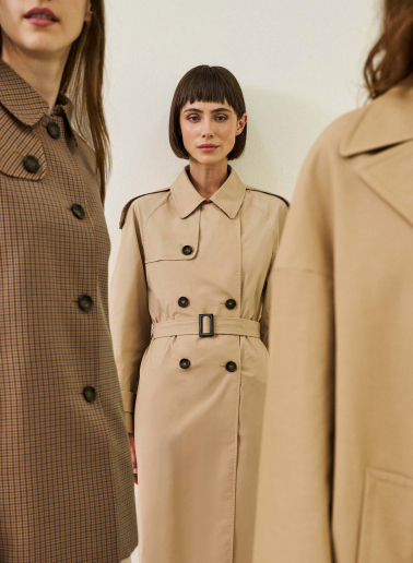 Oversized double breasted camel trench coat in rainproof technical fabric