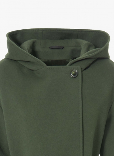 Maxi cappotto verde militare con cintura e cappuccio in lana e cashmere