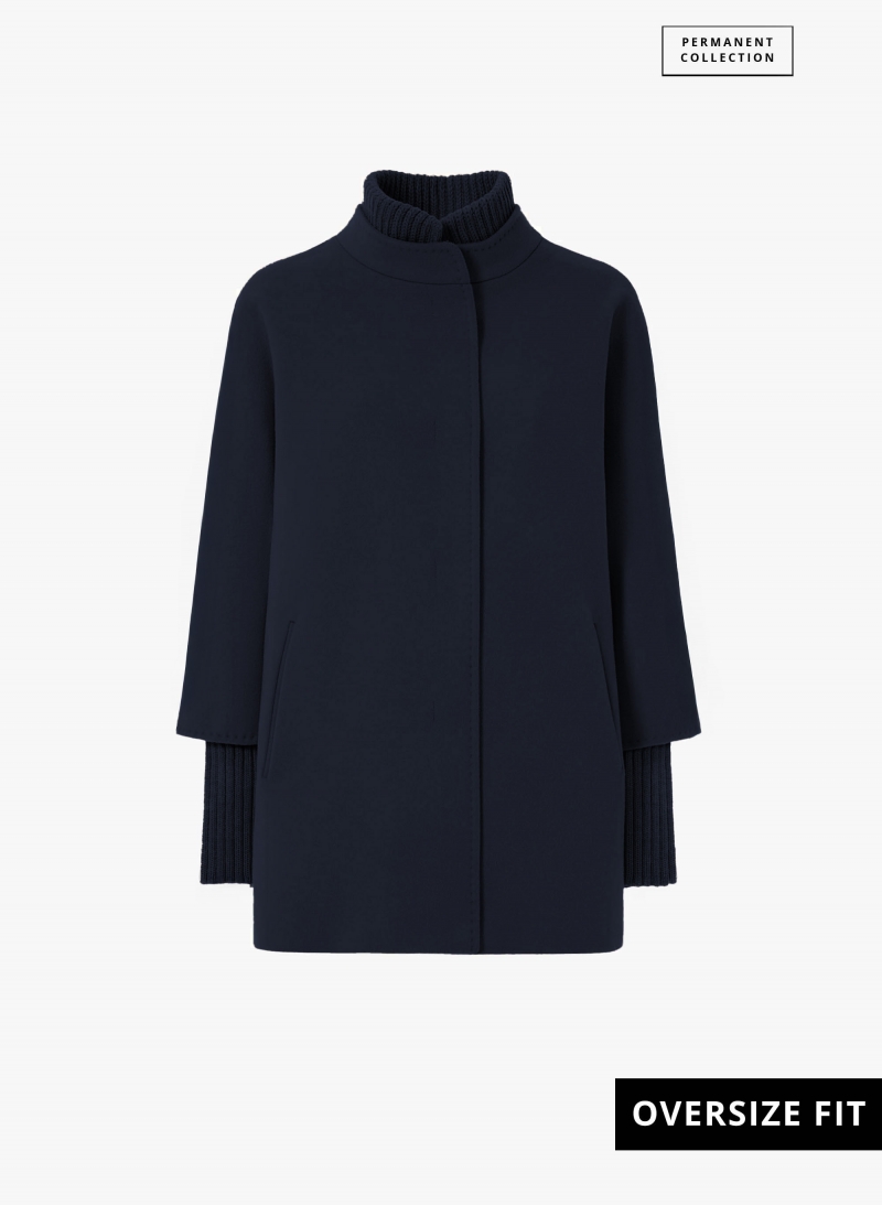 Short oversized blue pure wool coat with knitted details