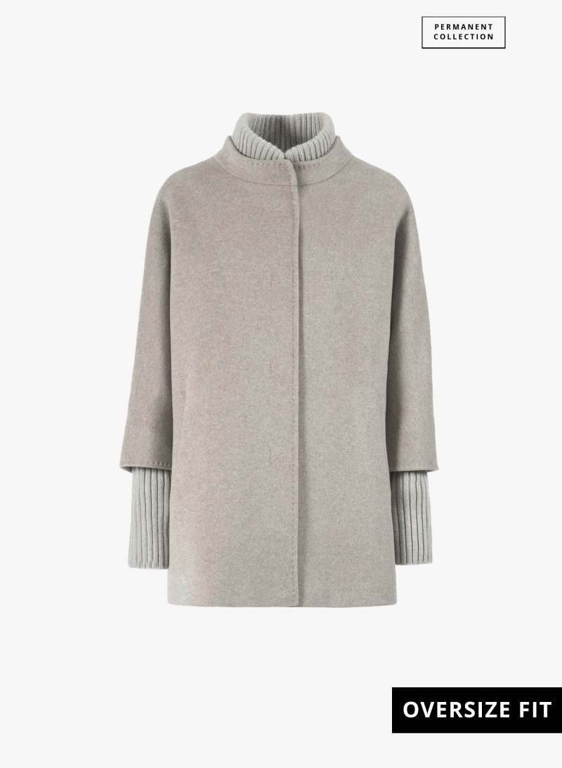 Short oversized beige pure wool coat with knitted details