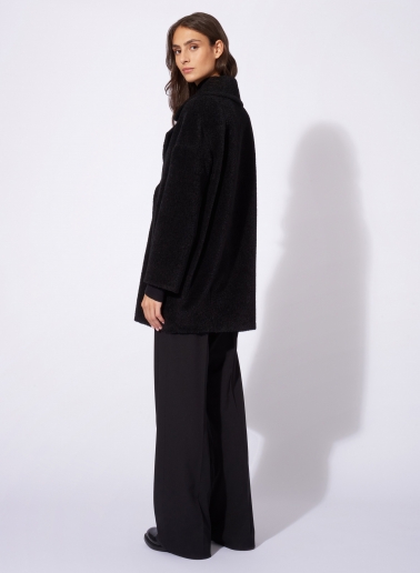 Short oversized black double breasted wool and alpaca coat