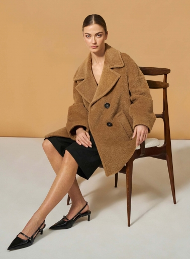 Short oversized dark camel double breasted wool and alpaca coat