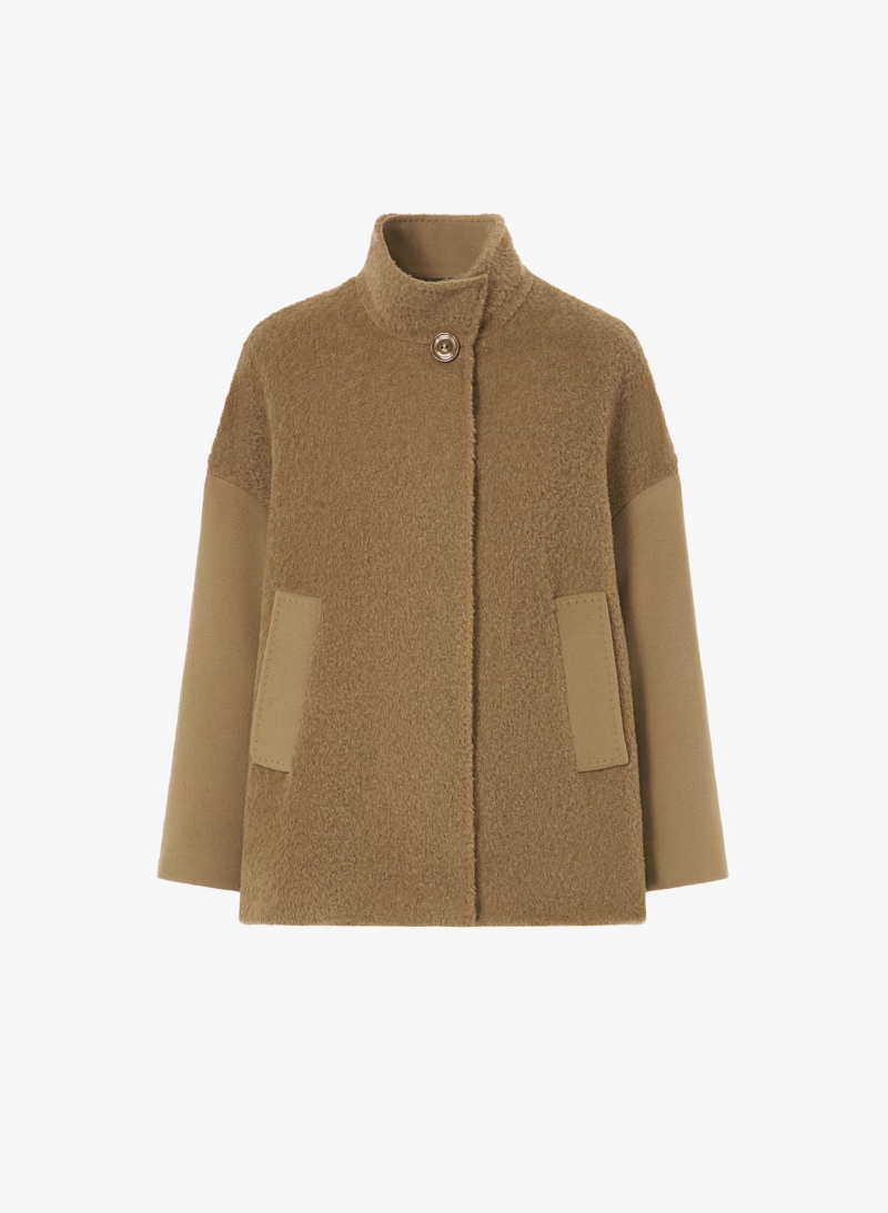 Short dark camel wool and alpaca coat with contrasting fabric texture
