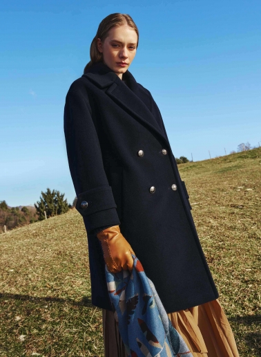 Cappotto blu doppio petto in lana e cashmere con bottoni in metallo con logo