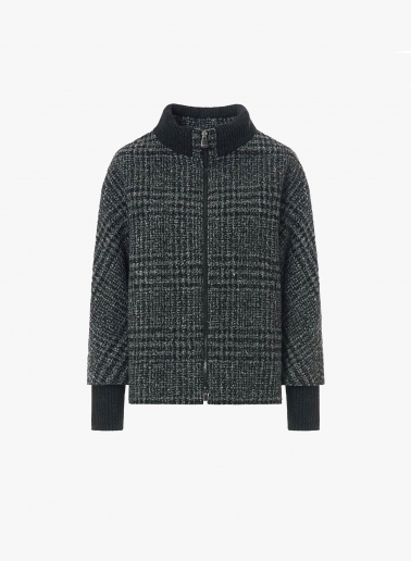 Short grey checked coat with zip closure knitted inserts | Cinzia Rocc
