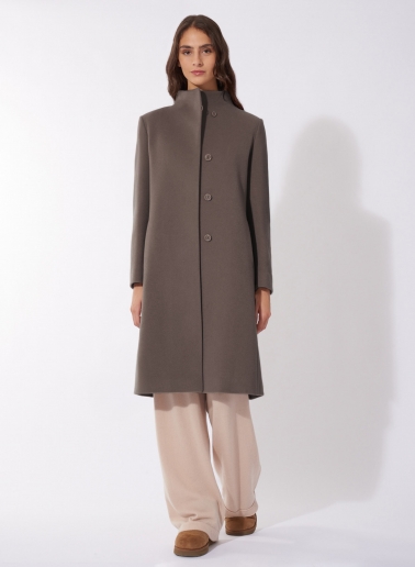 Dark taupe wool and cashmere coat with high stand up collar