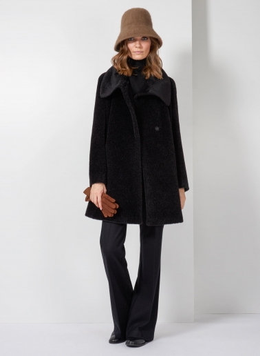 Short flared black wool and alpaca coat with crossover collar