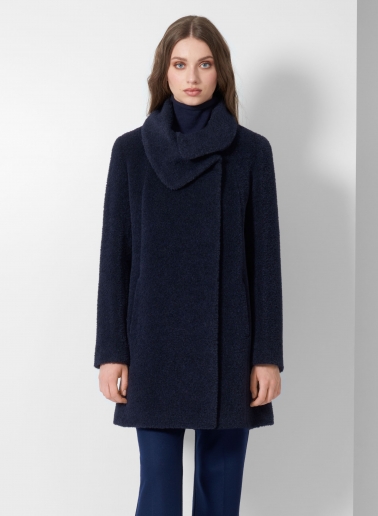 Cappotto corto blu svasato in lana e alpaca con collo incrociato