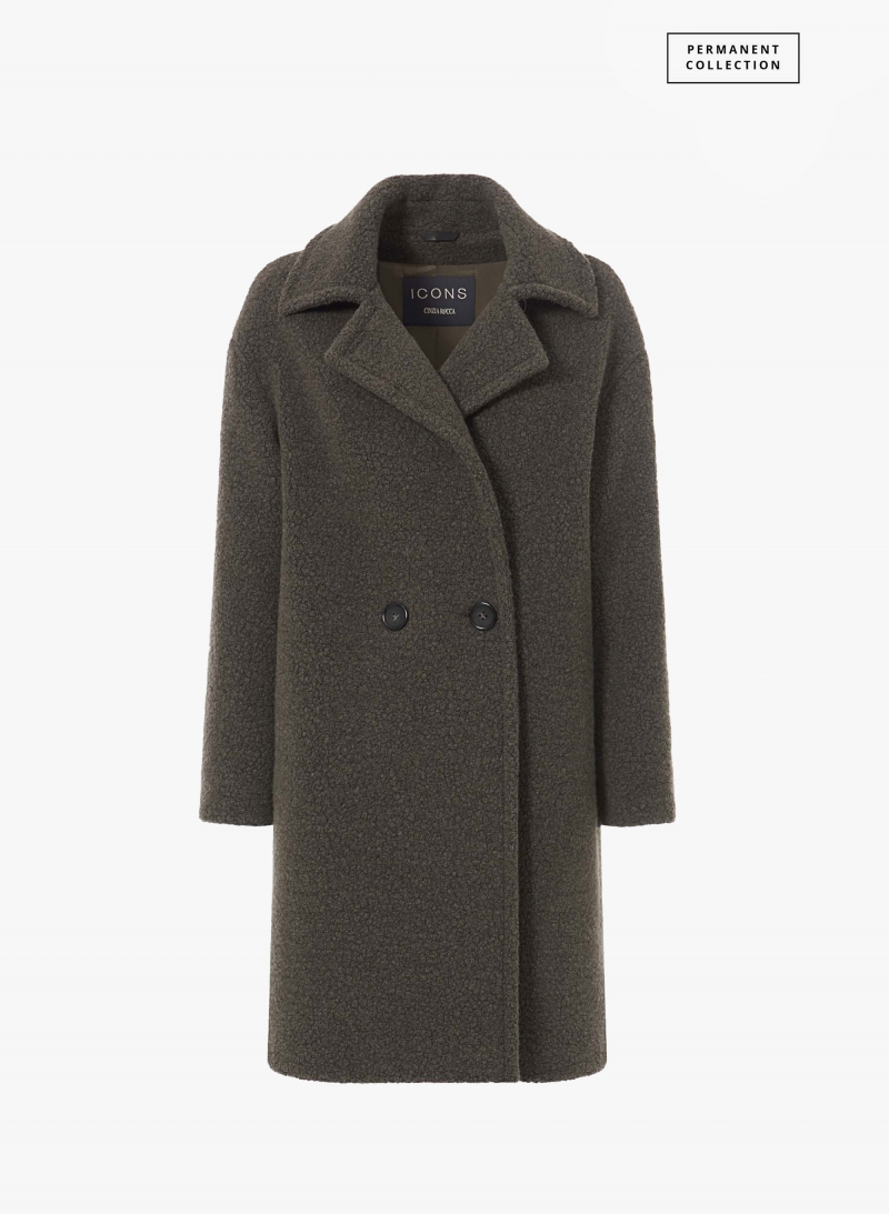 Cappotto taupe scuro doppio petto in lana con collo a rever