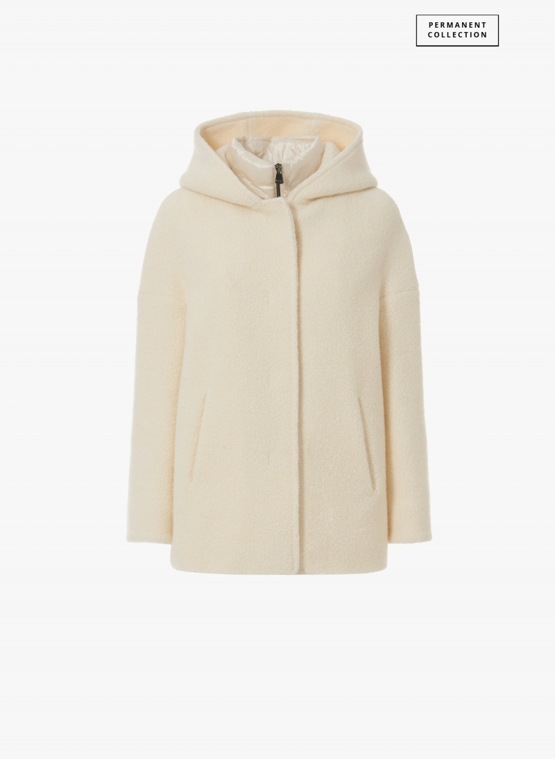 Parka corto bianco in lana con pettorina in nylon staccabile