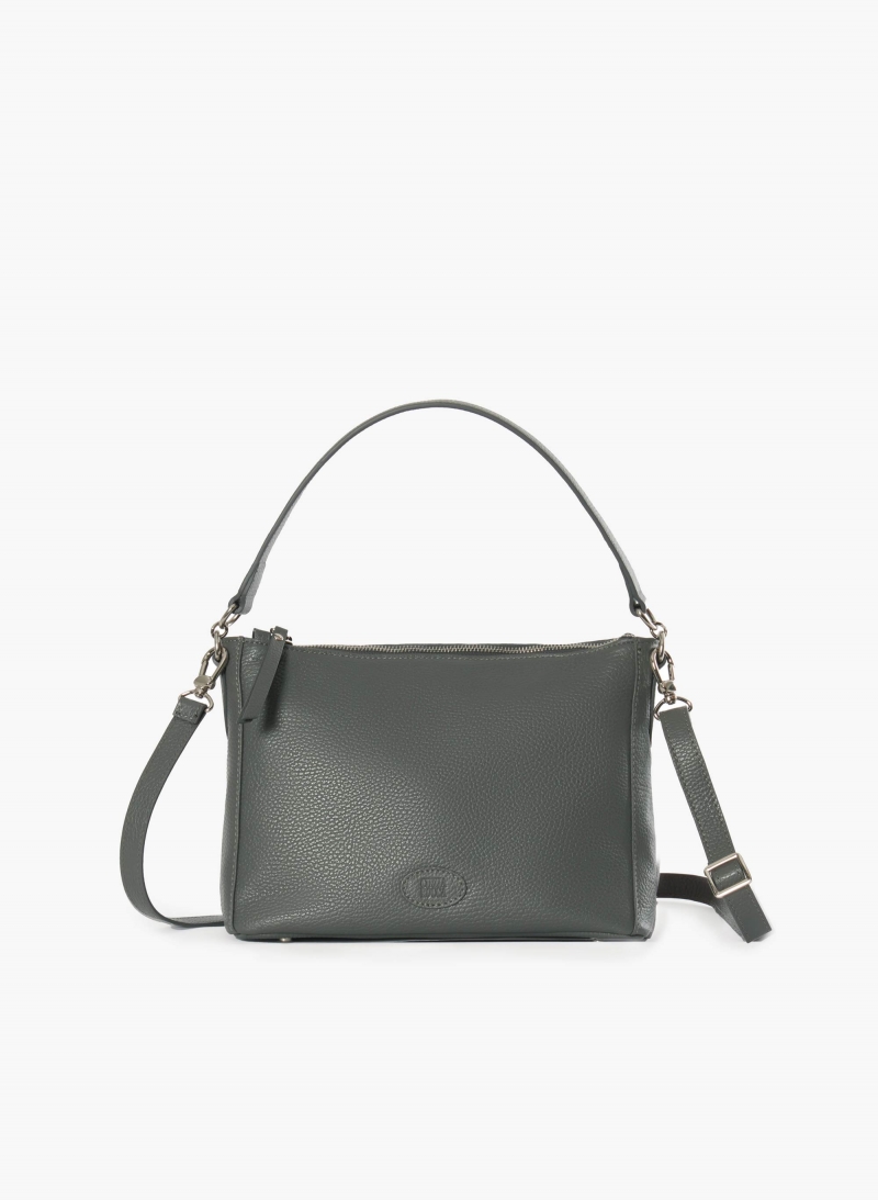 Large grey genuine leather shoulder bag with gusset and logo