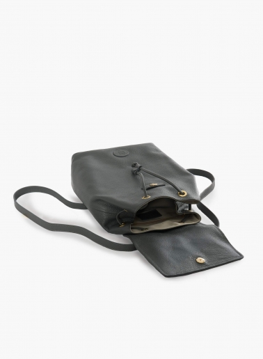 Grey genuine leather backpack with gusset and logo