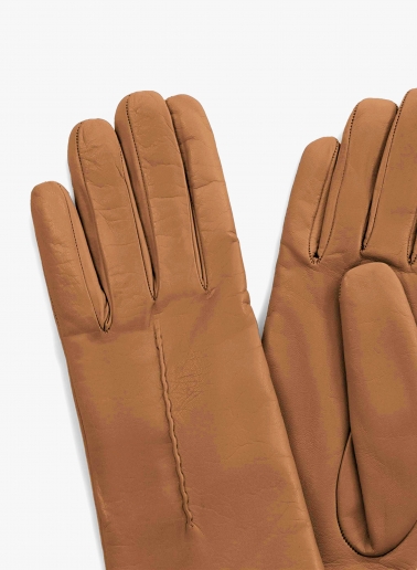Camel nappa leather gloves with top stitch
