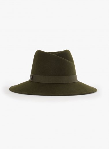 Cappello fedora asimmetrico verde militare in feltro di lana