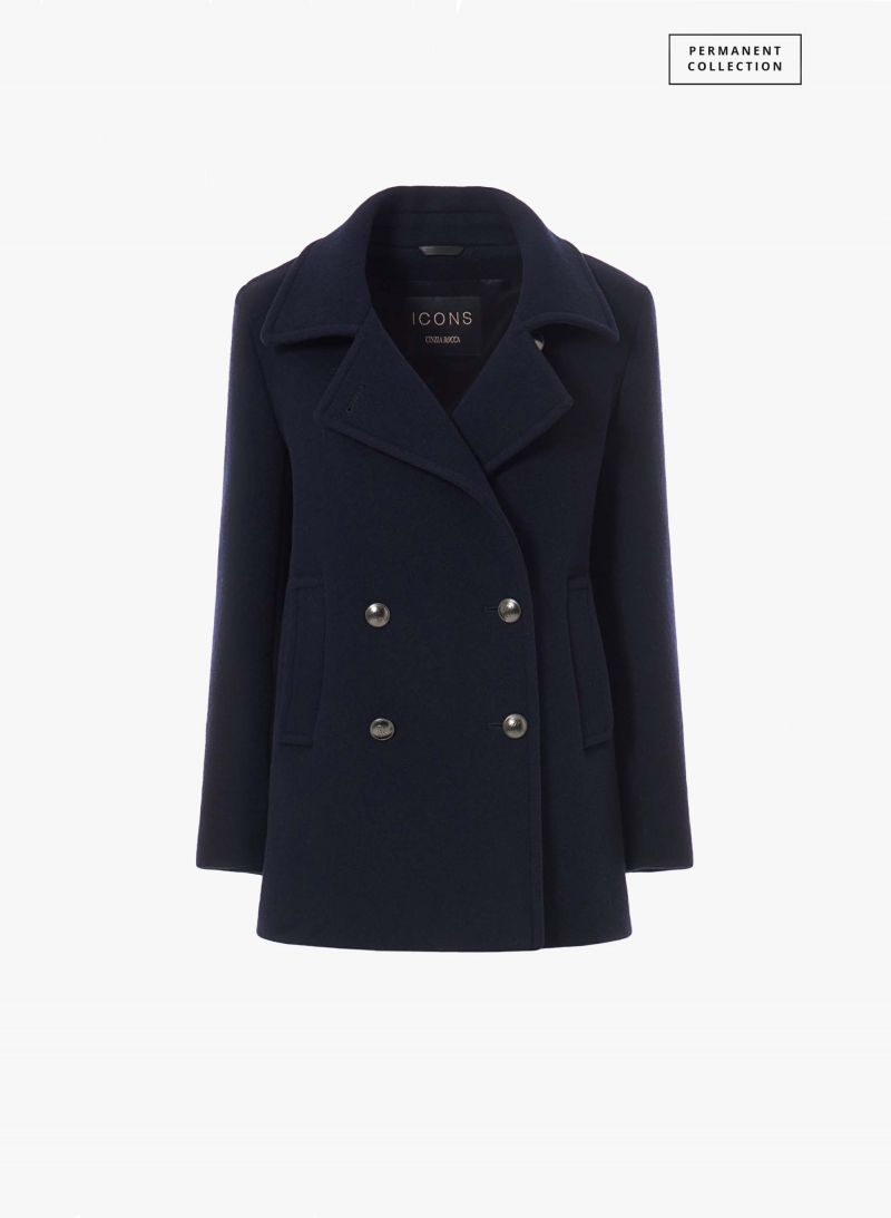 Peacoat blu in lana e cashmere con bottoni in metallo con logo