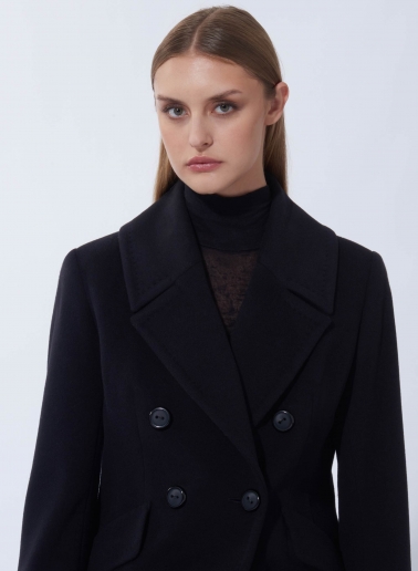 Maxi cappotto redingote nero doppio petto in pura lana