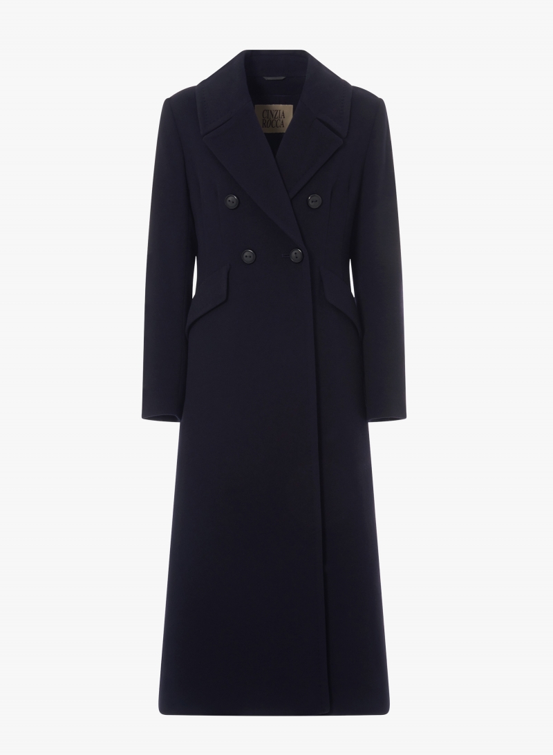 Maxi cappotto redingote blu doppio petto in pura lana