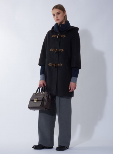 Parka blu con cappuccio e alamari in pura lana