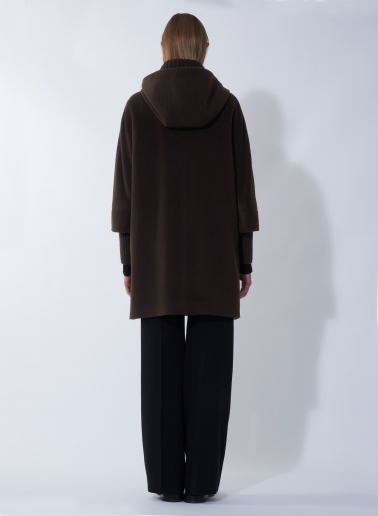 Parka marrone con cappuccio e alamari in pura lana