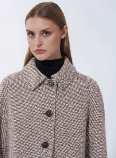Cappotto con fantasia marrone e collo a camicia in lana