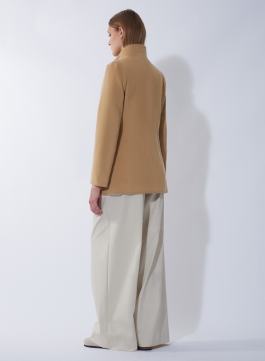 Short camel pure wool coat with detachable nylon bib