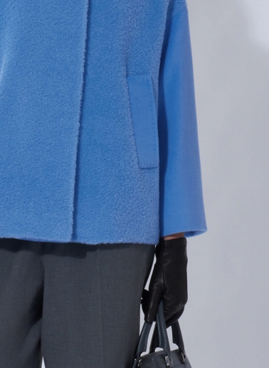 Short light blue wool and alpaca coat with contrasting fabric texture