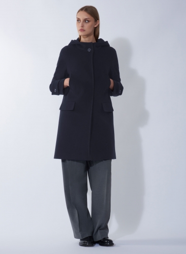 Parka blu con cappuccio in lana e cashmere e doppie tasche