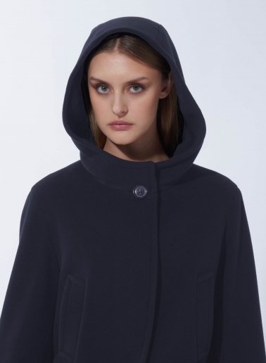 Parka blu con cappuccio in lana e cashmere e doppie tasche