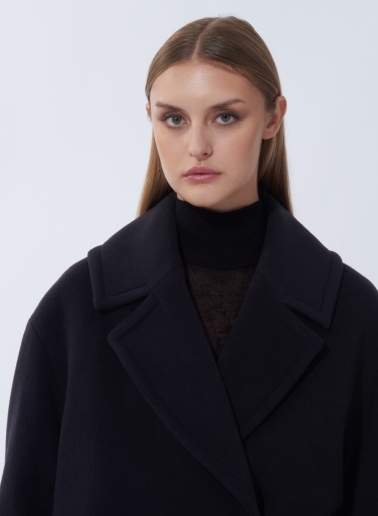 Cappotto nero doppio petto in lana e cashmere con bottoni in metallo con logo