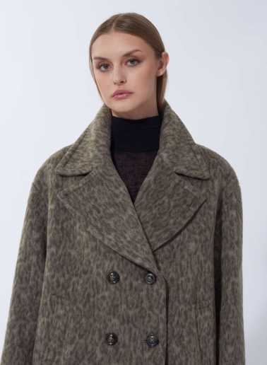 Cappotto corto doppio petto oversize taupe scuro con fantasia animalier