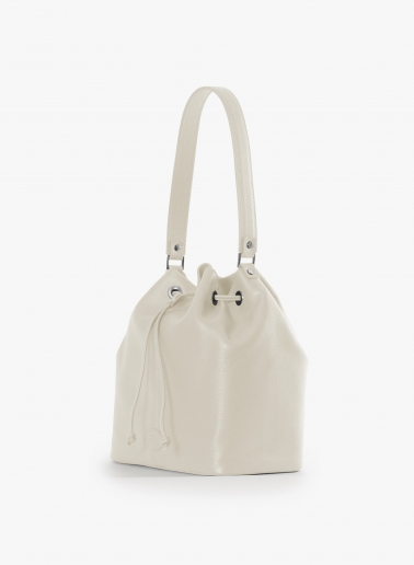 White genuine leather bucket bag with gusset and logo