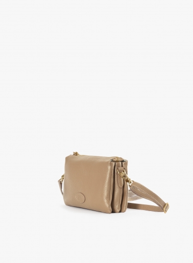 Light camel genuine leather crossbody bag with three compartments