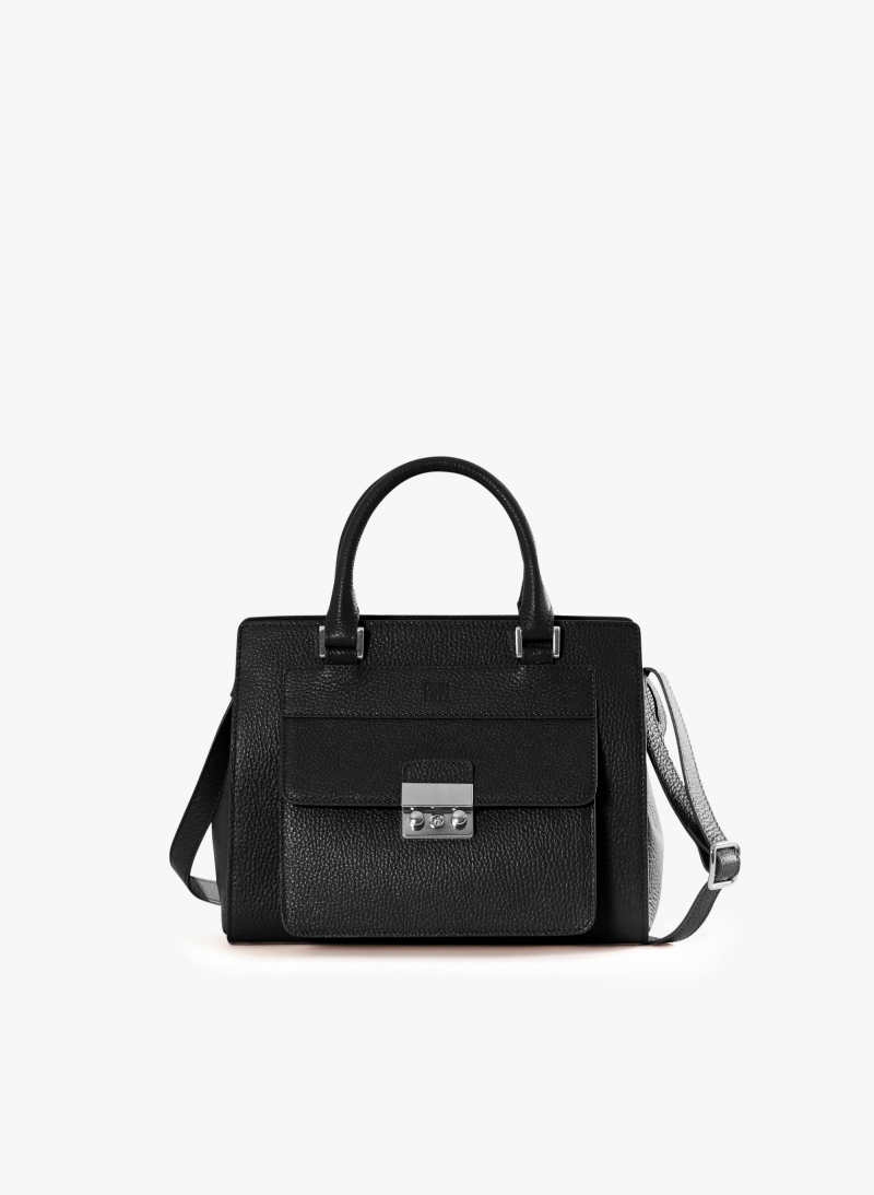Black genuine leather structured bag with metal closure