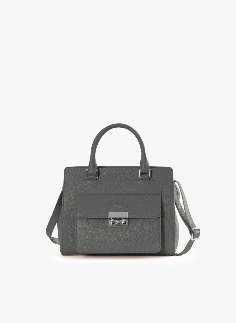 Borsa rigida in pelle grigia con chiusura in metallo