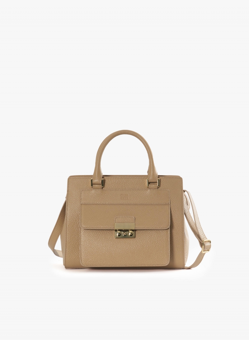 Steife Tasche aus Leder mit Metallverschluss in light Camel