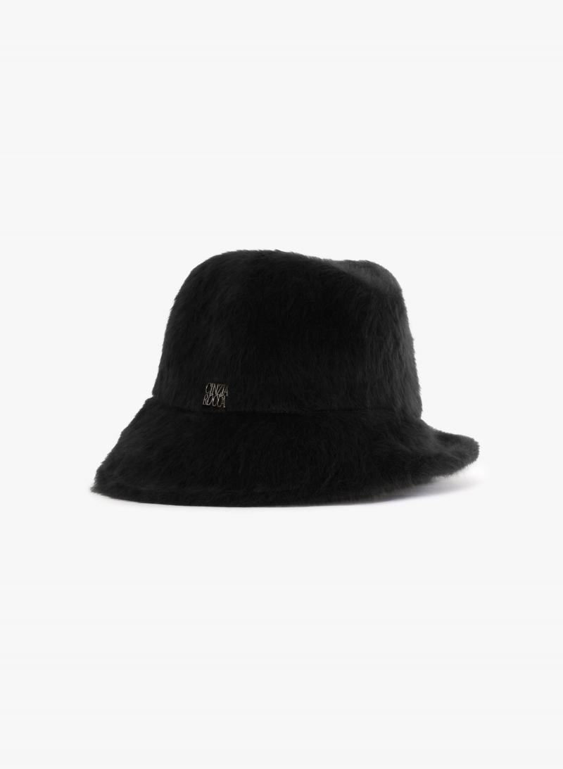 Cappello asimmetrico nero in lana effetto pelliccia