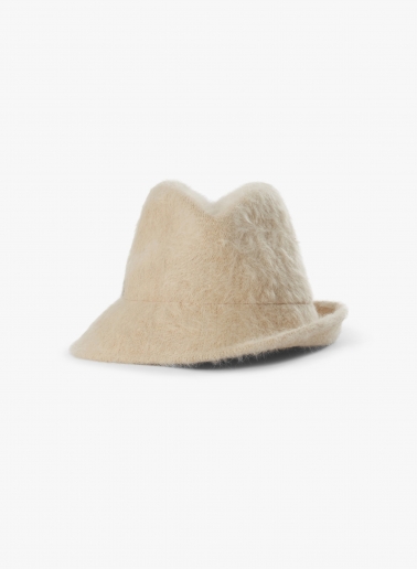 Asymmetrischer Hut aus Wolle mit Felloptik in Beige