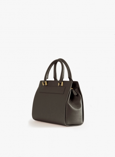 Borsa rigida in pelle marrone con chiusura in metallo