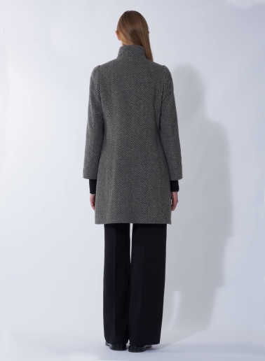 Herringbone grey pure wool coat with detachable nylon bib