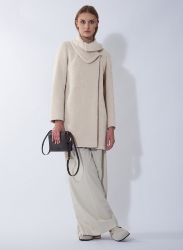 Short flared beige wool and alpaca coat with crossover collar
