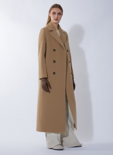 Maxi cappotto cammello scuro doppio petto 6 bottoni in lana e cashmere
