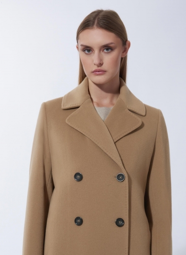 Maxi zweireiher Mantel mit 6 Knöpfen aus Wolle und Cashmere in Camel