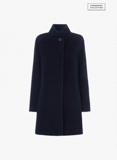 Cappotto corto blu svasato in lana e alpaca con spacchi laterali