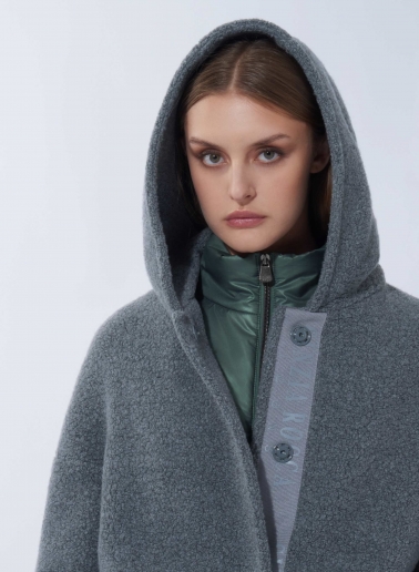 Parka corto grigio in lana con pettorina in nylon staccabile