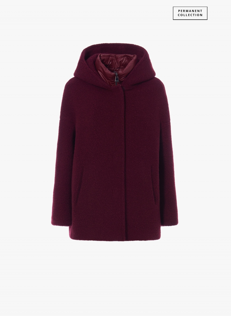 Parka corto bordeaux in lana con pettorina in nylon staccabile