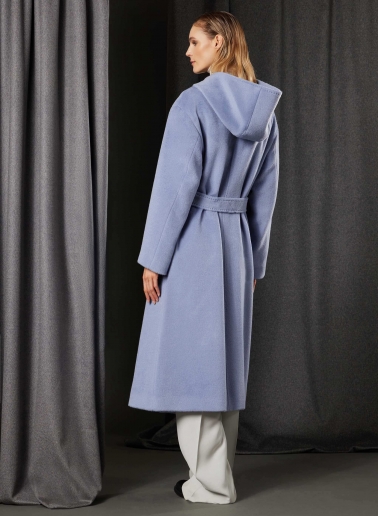 Maxi belted light blue purple alpaca and wool coat with hood