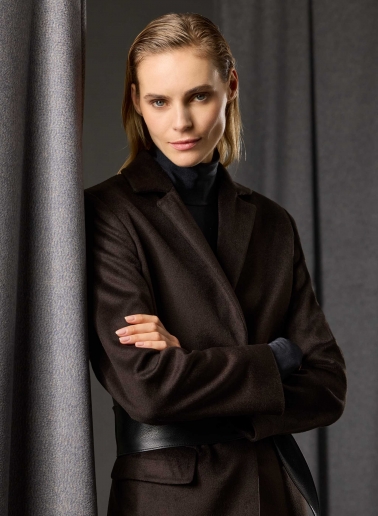 Maxi brown pure silk coat with masculine cut