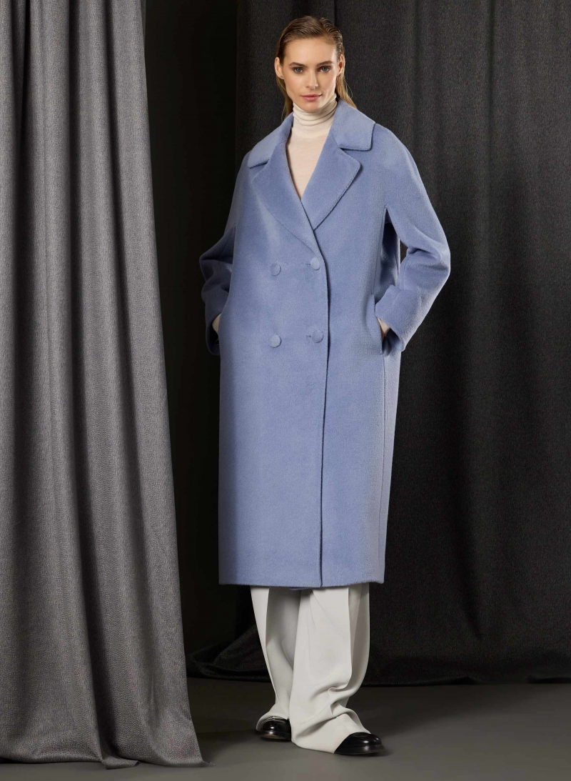 Cappotto lungo azzurro viola doppio petto in alpaca e lana
