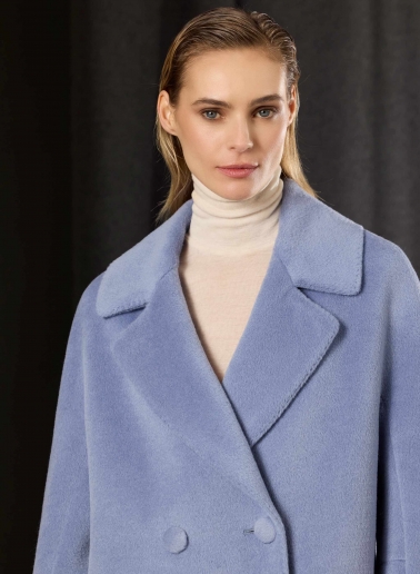 Cappotto lungo azzurro viola doppio petto in alpaca e lana